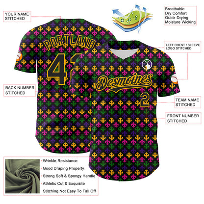 Custom Black Gold 3D Pattern Design Mardi Gras Shrove Tuesday Authentic Baseball Jersey - Sky-Custom