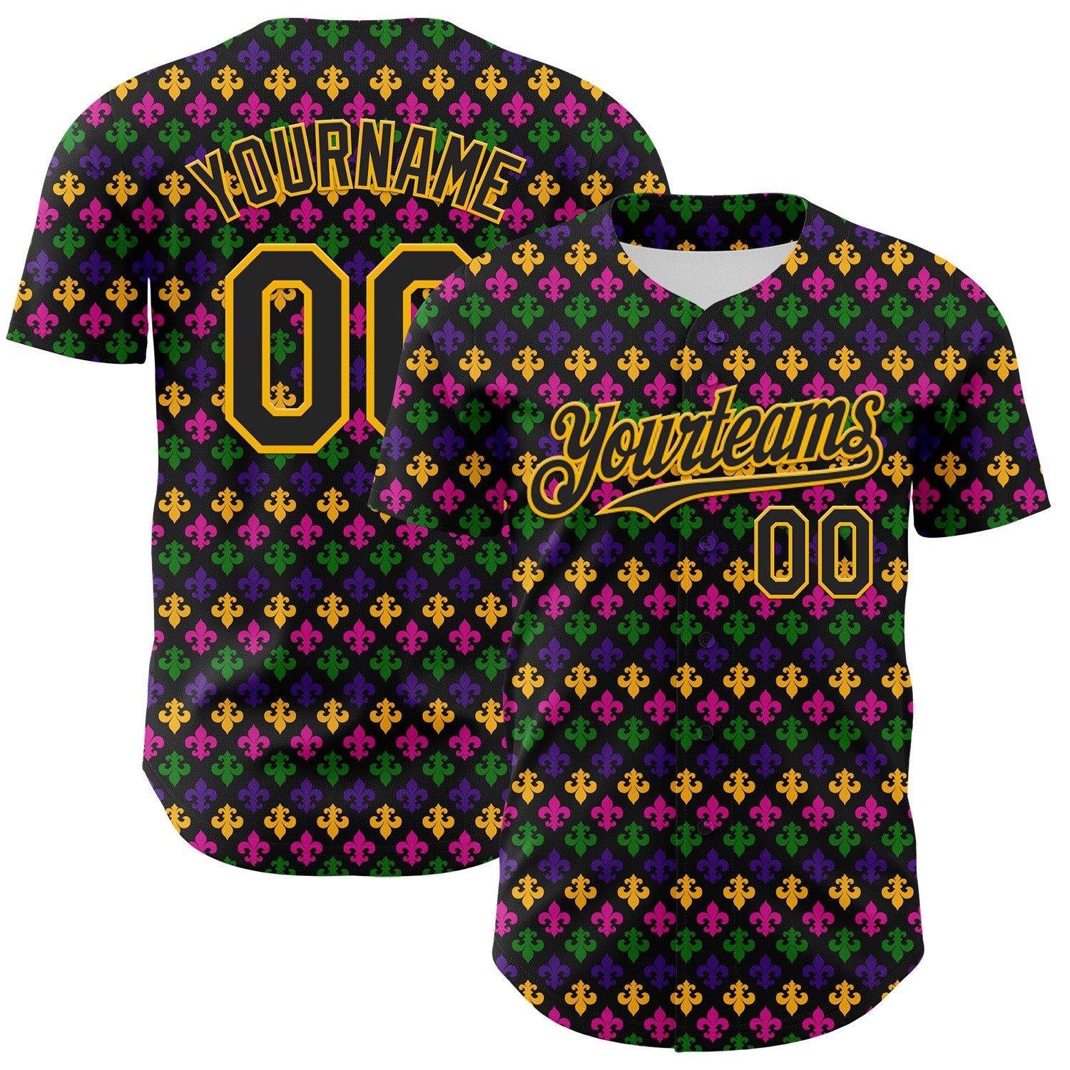 Custom Black Gold 3D Pattern Design Mardi Gras Shrove Tuesday Authentic Baseball Jersey - Sky-Custom