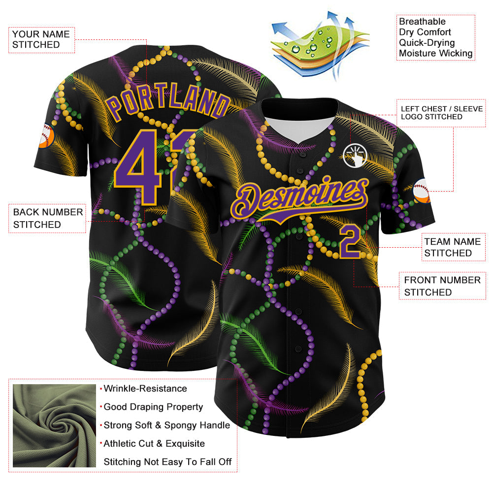 Custom Black Purple-Gold 3D Pattern Design Mardi Gras Shrove Tuesday Authentic Baseball Jersey - Sky-Custom