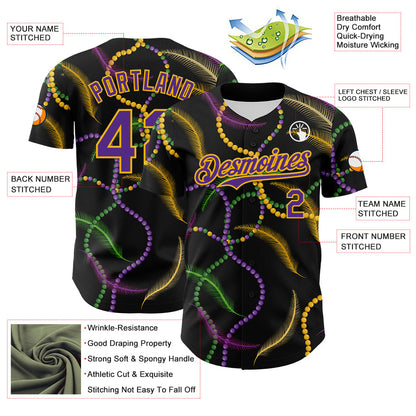 Custom Black Purple-Gold 3D Pattern Design Mardi Gras Shrove Tuesday Authentic Baseball Jersey - Sky-Custom