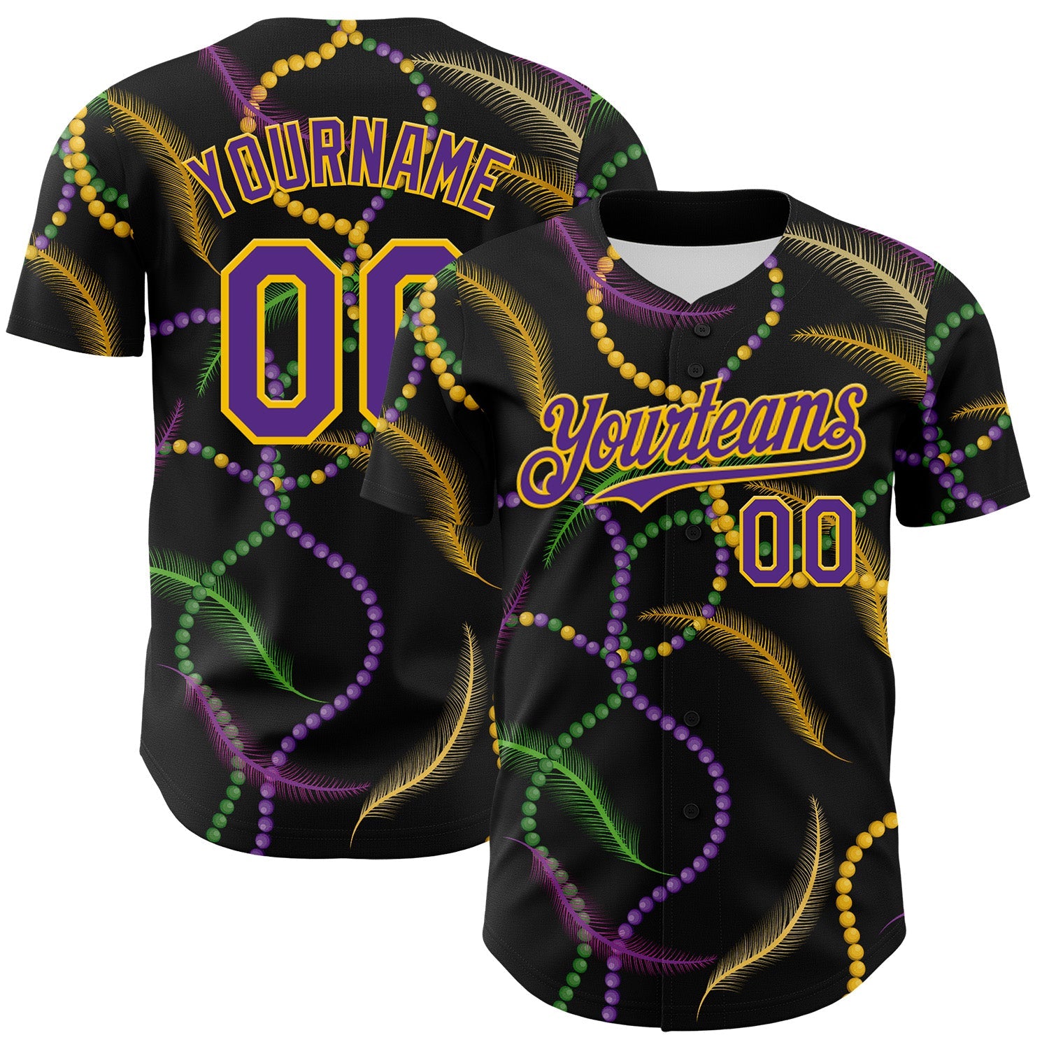 Custom Black Purple-Gold 3D Pattern Design Mardi Gras Shrove Tuesday Authentic Baseball Jersey - Sky-Custom