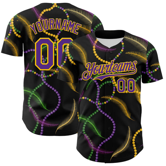 Custom Black Purple-Gold 3D Pattern Design Mardi Gras Shrove Tuesday Authentic Baseball Jersey - Sky-Custom