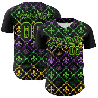 Custom Black Aurora Green 3D Pattern Design Mardi Gras Shrove Tuesday Authentic Baseball Jersey - Sky-Custom