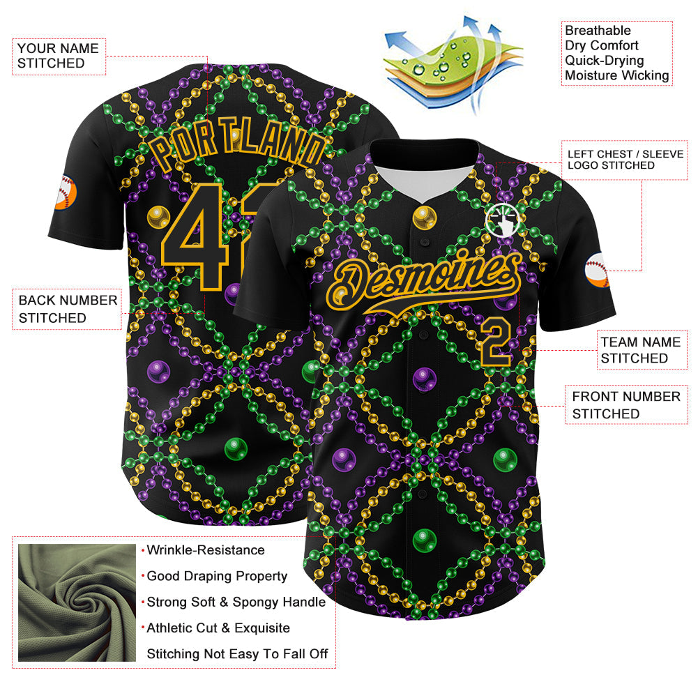 Custom Black Gold 3D Pattern Design Mardi Gras Shrove Tuesday Authentic Baseball Jersey - Sky-Custom