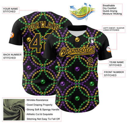 Custom Black Gold 3D Pattern Design Mardi Gras Shrove Tuesday Authentic Baseball Jersey - Sky-Custom