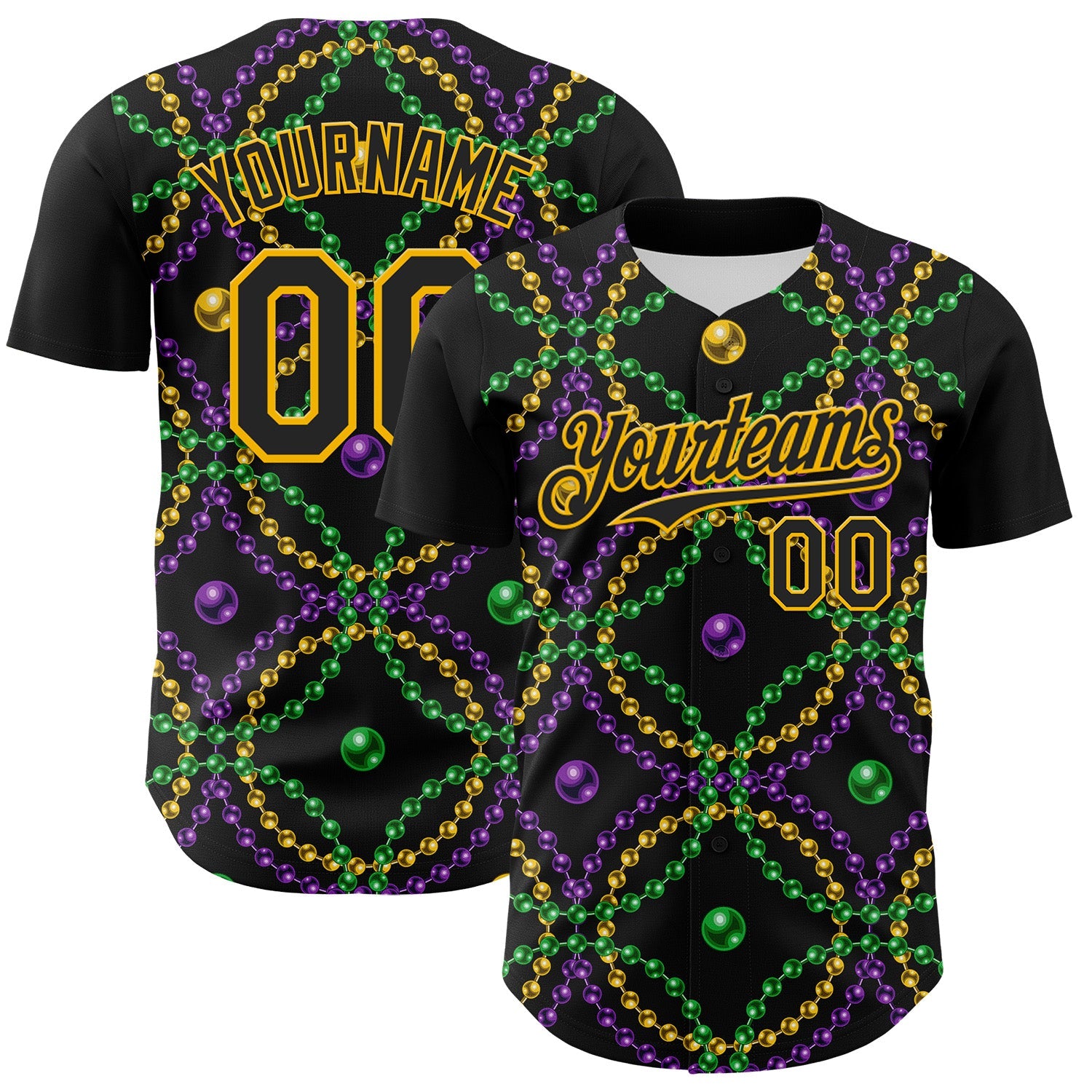 Custom Black Gold 3D Pattern Design Mardi Gras Shrove Tuesday Authentic Baseball Jersey - Sky-Custom