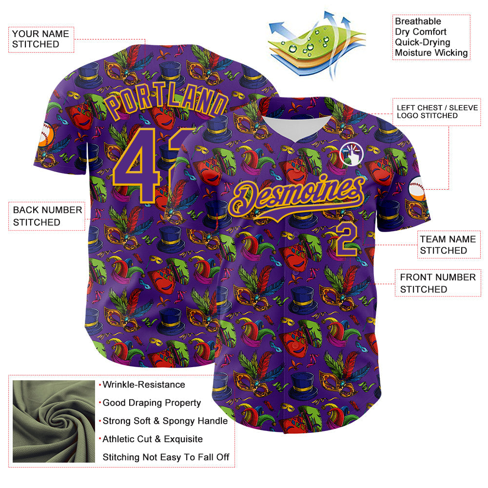 Custom Purple Gold 3D Pattern Design Mardi Gras Shrove Tuesday Authentic Baseball Jersey - Sky-Custom