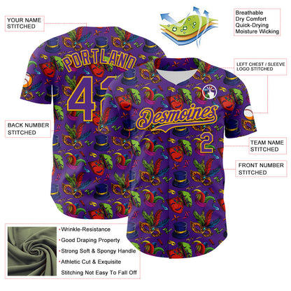 Custom Purple Gold 3D Pattern Design Mardi Gras Shrove Tuesday Authentic Baseball Jersey - Sky-Custom