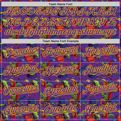 Custom Purple Gold 3D Pattern Design Mardi Gras Shrove Tuesday Authentic Baseball Jersey - Sky-Custom