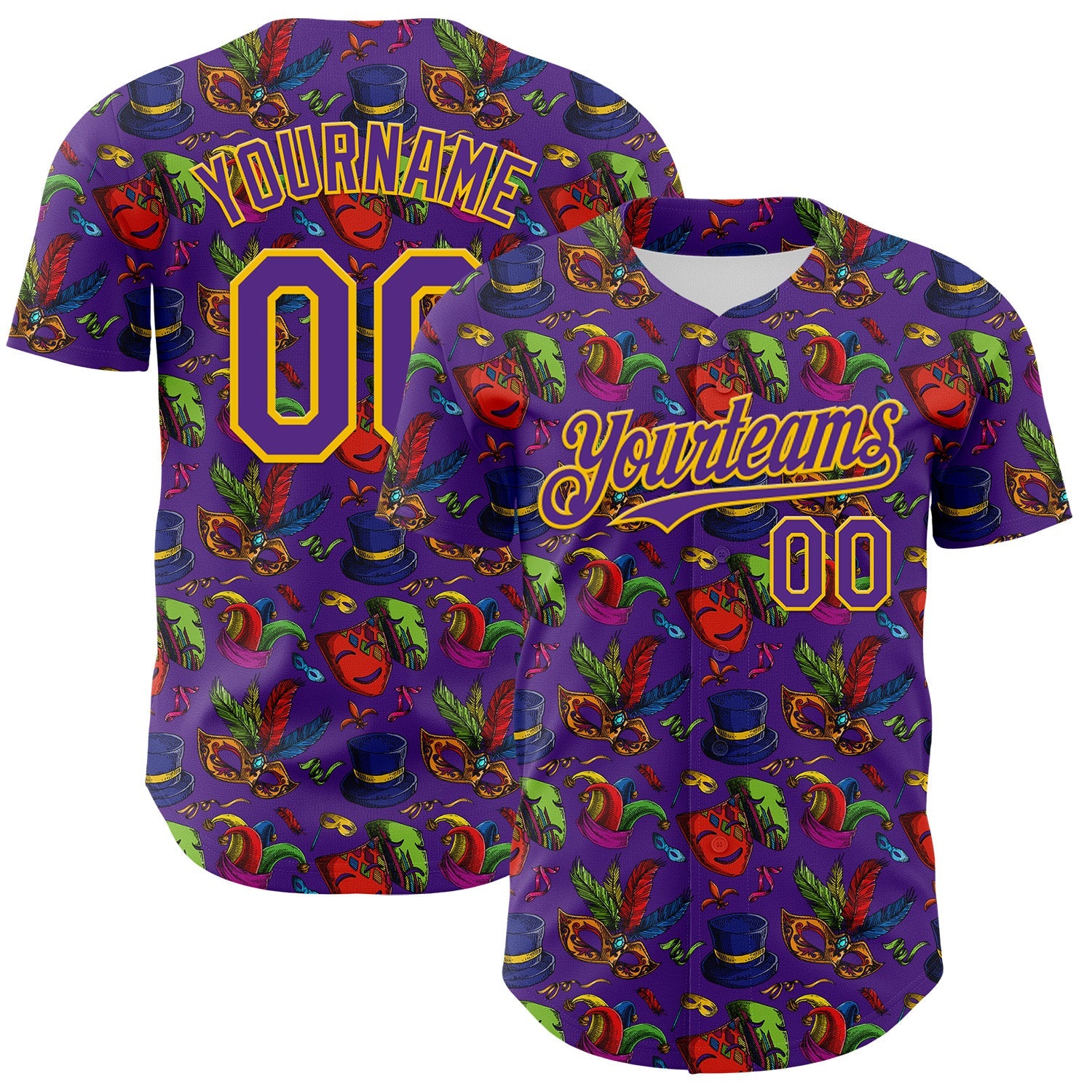 Custom Purple Gold 3D Pattern Design Mardi Gras Shrove Tuesday Authentic Baseball Jersey - Sky-Custom