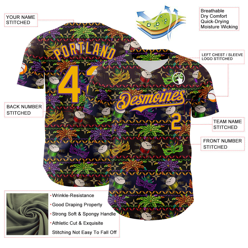 Custom Black Gold-Purple 3D Pattern Design Mardi Gras Shrove Tuesday Authentic Baseball Jersey - Sky-Custom