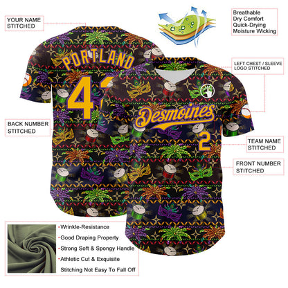 Custom Black Gold-Purple 3D Pattern Design Mardi Gras Shrove Tuesday Authentic Baseball Jersey - Sky-Custom