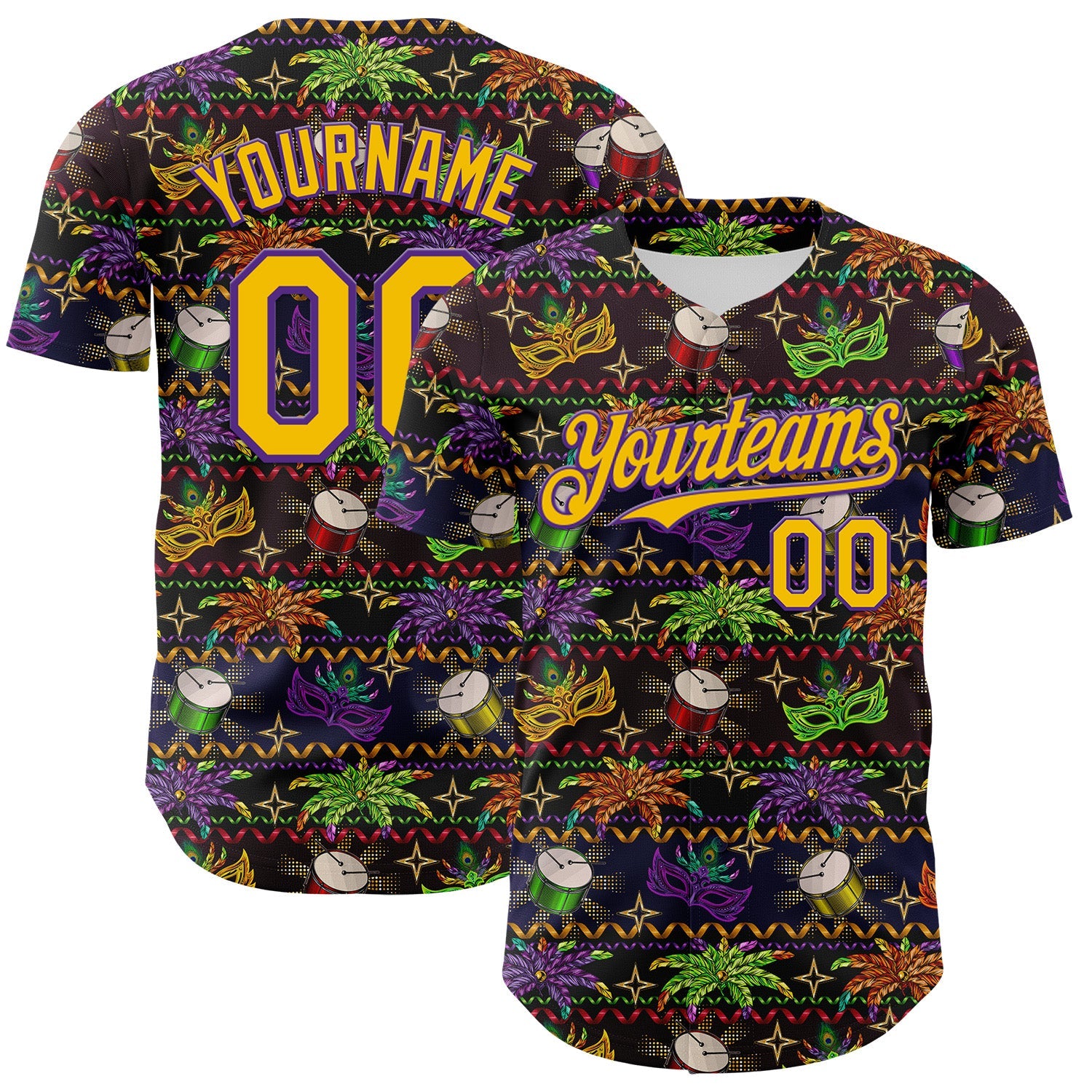 Custom Black Gold-Purple 3D Pattern Design Mardi Gras Shrove Tuesday Authentic Baseball Jersey - Sky-Custom