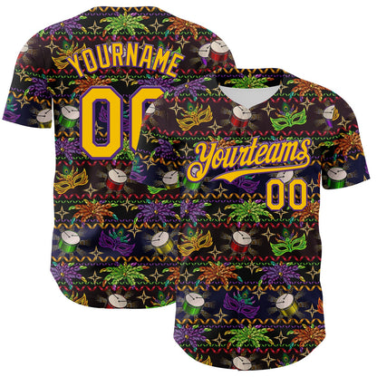 Custom Black Gold-Purple 3D Pattern Design Mardi Gras Shrove Tuesday Authentic Baseball Jersey - Sky-Custom
