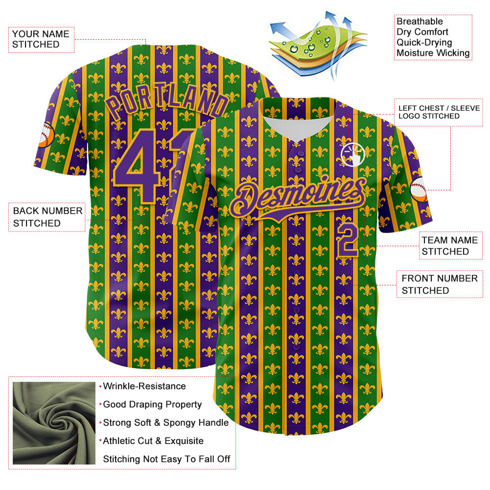 Custom Green Purple-Gold 3D Pattern Design Mardi Gras Shrove Tuesday Authentic Baseball Jersey - Sky-Custom