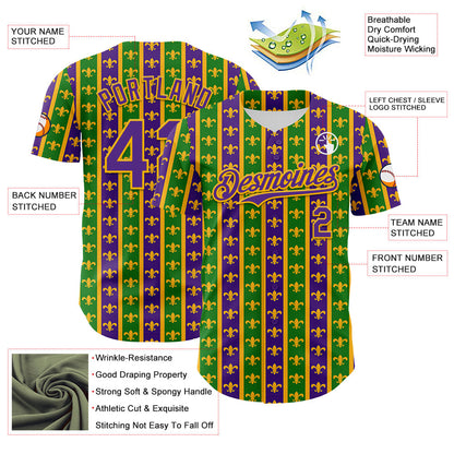 Custom Green Purple-Gold 3D Pattern Design Mardi Gras Shrove Tuesday Authentic Baseball Jersey - Sky-Custom
