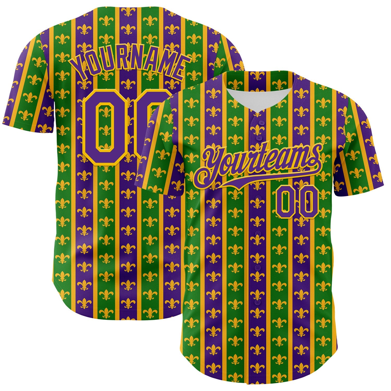 Custom Green Purple-Gold 3D Pattern Design Mardi Gras Shrove Tuesday Authentic Baseball Jersey - Sky-Custom