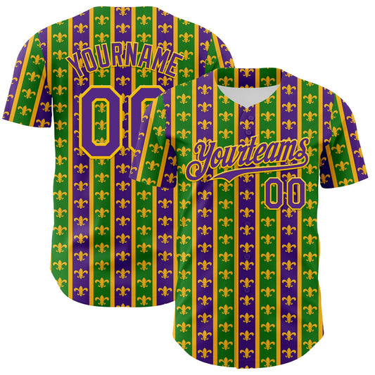 Custom Green Purple-Gold 3D Pattern Design Mardi Gras Shrove Tuesday Authentic Baseball Jersey - Sky-Custom