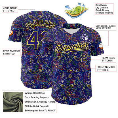 Custom Dark Purple Light Yellow 3D Pattern Design Mardi Gras Shrove Tuesday Authentic Baseball Jersey - Sky-Custom