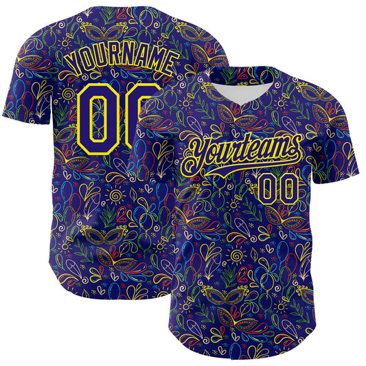 Custom Dark Purple Light Yellow 3D Pattern Design Mardi Gras Shrove Tuesday Authentic Baseball Jersey - Sky-Custom