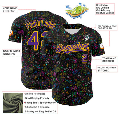 Custom Black Purple-Gold 3D Pattern Design Mardi Gras Shrove Tuesday Authentic Baseball Jersey - Sky-Custom