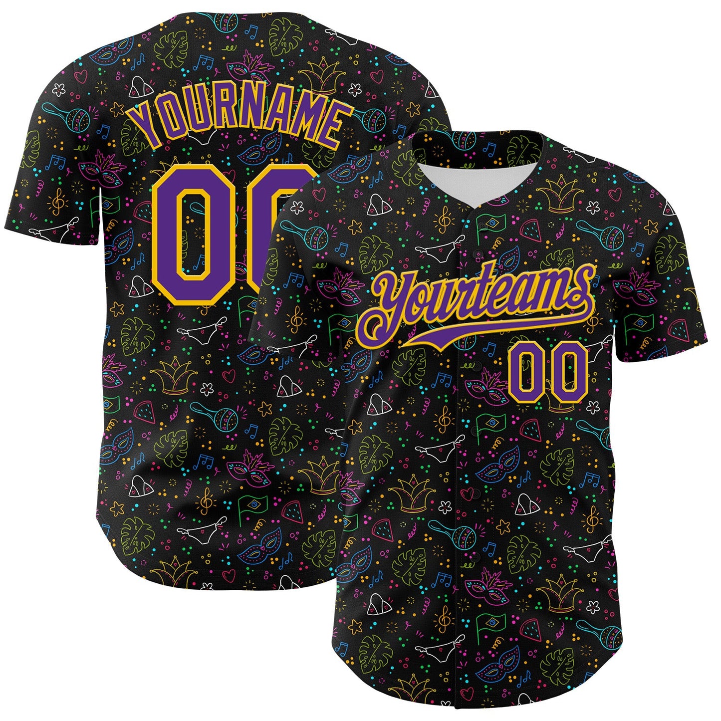 Custom Black Purple-Gold 3D Pattern Design Mardi Gras Shrove Tuesday Authentic Baseball Jersey - Sky-Custom