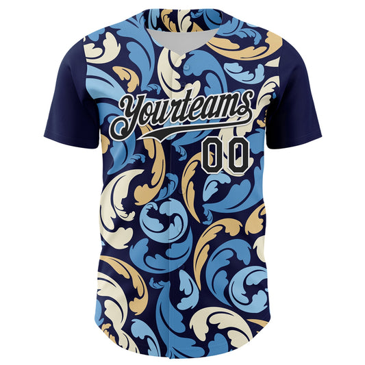 Custom Navy Black-White 3D Pattern Design Burner Costumes Floral Grunge Authentic Baseball Jersey - Sky-Custom