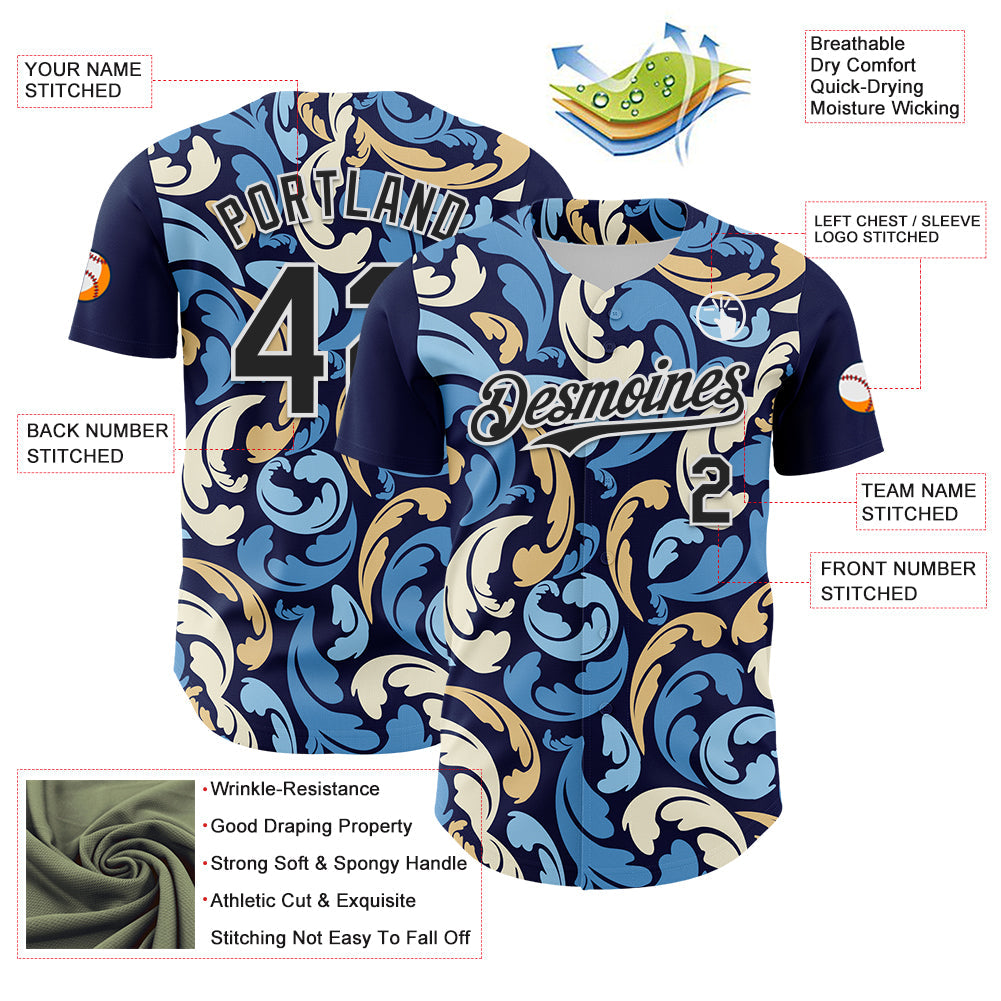 Custom Navy Black-White 3D Pattern Design Burner Costumes Floral Grunge Authentic Baseball Jersey - Sky-Custom