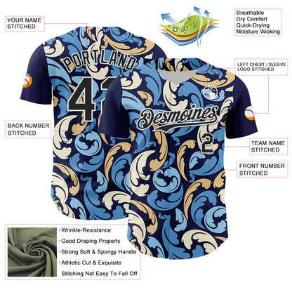 Custom Navy Black-White 3D Pattern Design Burner Costumes Floral Grunge Authentic Baseball Jersey - Sky-Custom