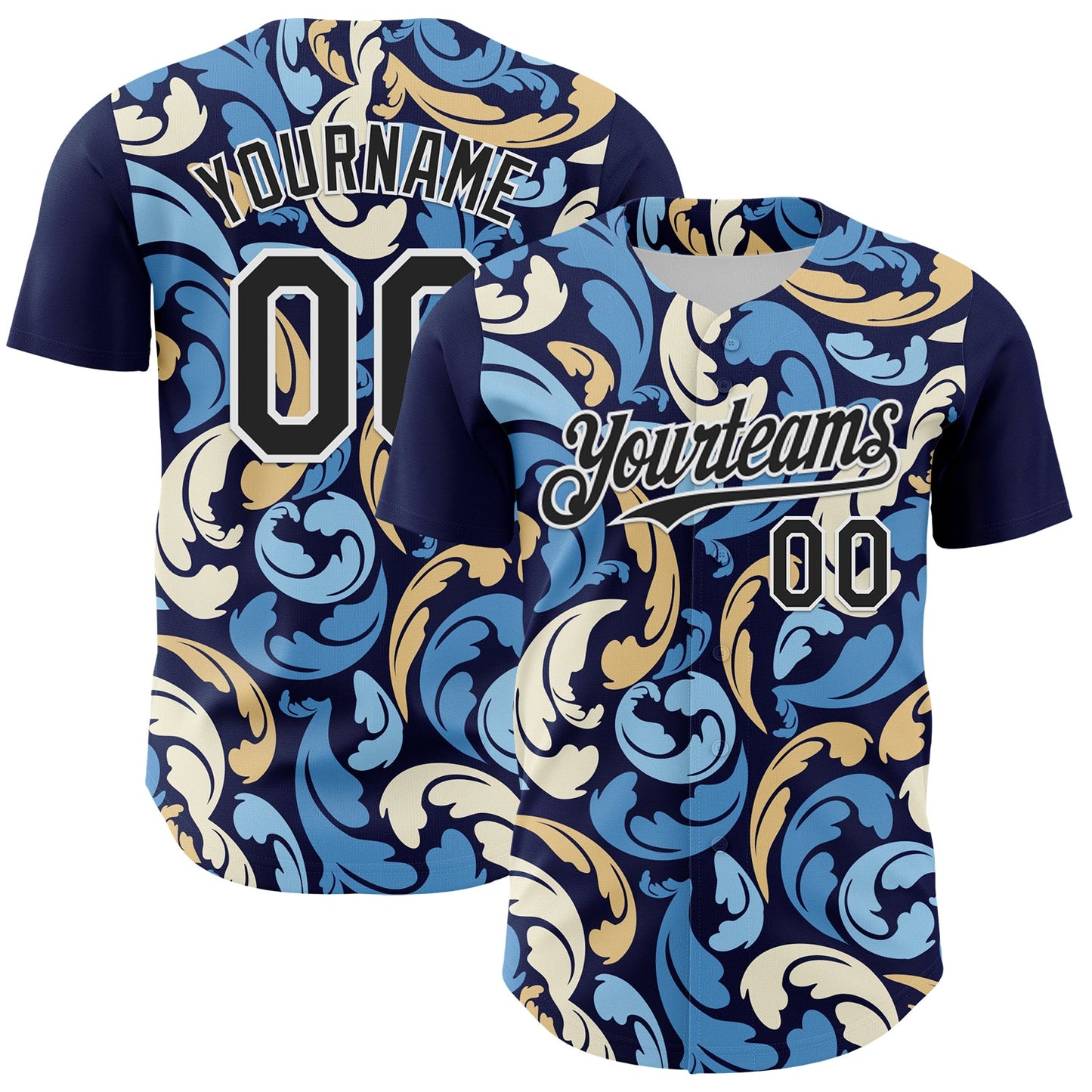 Custom Navy Black-White 3D Pattern Design Burner Costumes Floral Grunge Authentic Baseball Jersey - Sky-Custom