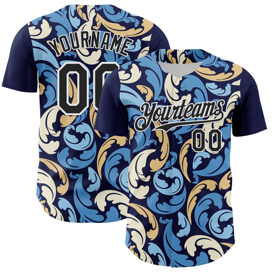 Custom Navy Black-White 3D Pattern Design Burner Costumes Floral Grunge Authentic Baseball Jersey - Sky-Custom