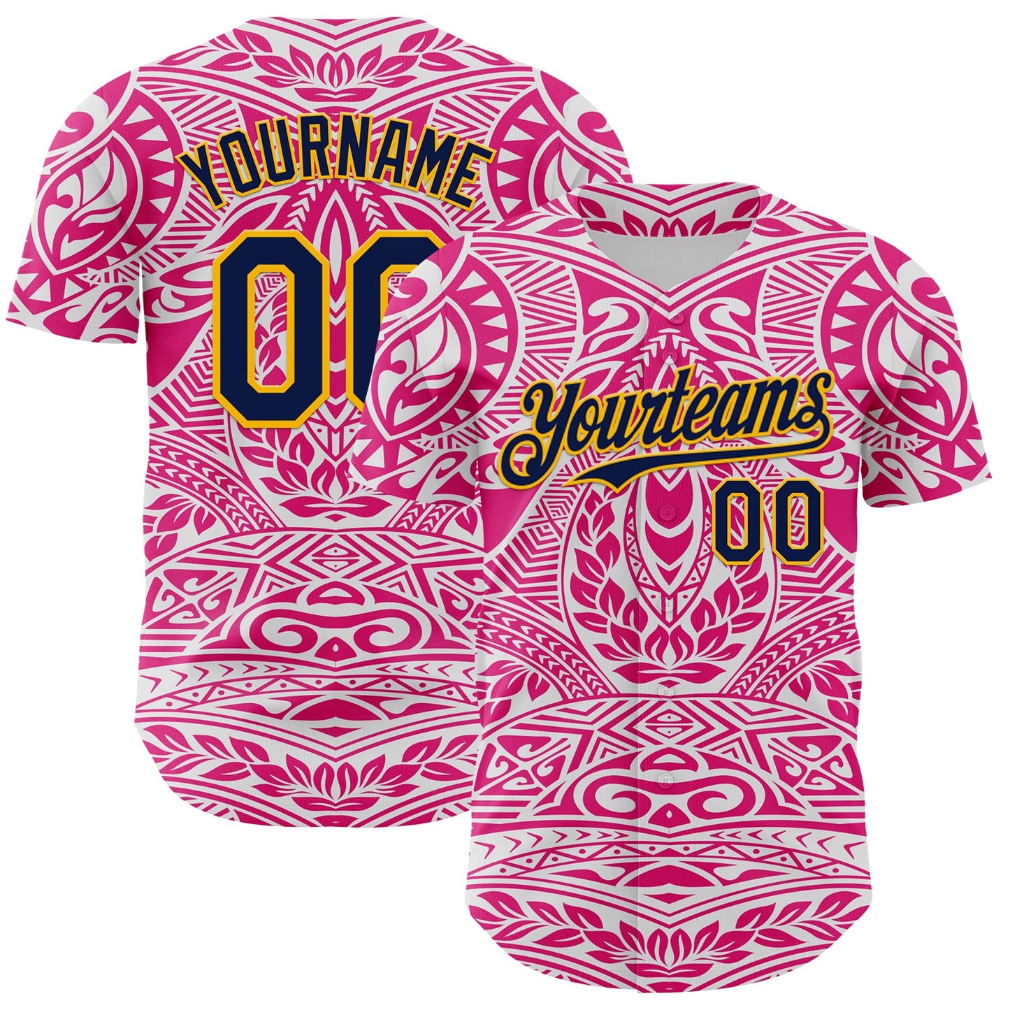 Custom Hot Pink Navy-Gold 3D Pattern Design Burner Costumes Ethnic Floral Authentic Baseball Jersey - Sky-Custom