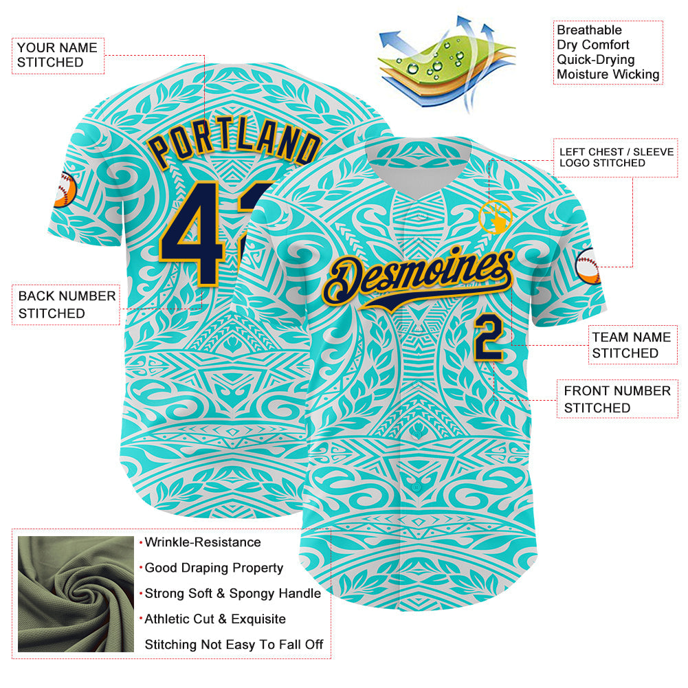 Custom Ice Blue Navy-Gold 3D Pattern Design Burner Costumes Tribal Tattoo Authentic Baseball Jersey - Sky-Custom