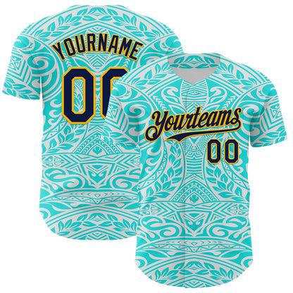 Custom Ice Blue Navy-Gold 3D Pattern Design Burner Costumes Tribal Tattoo Authentic Baseball Jersey - Sky-Custom