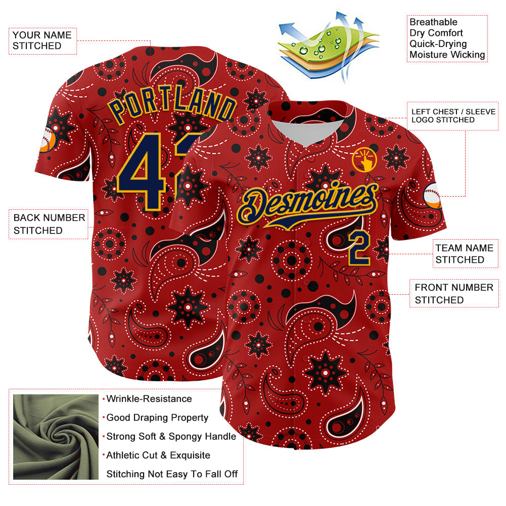 Custom Red Navy-Gold 3D Pattern Design Burner Costumes Paisley Bandana Authentic Baseball Jersey - Sky-Custom