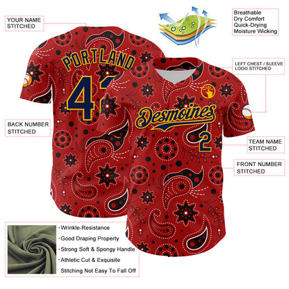 Custom Red Navy-Gold 3D Pattern Design Burner Costumes Paisley Bandana Authentic Baseball Jersey - Sky-Custom
