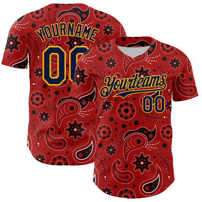 Custom Red Navy-Gold 3D Pattern Design Burner Costumes Paisley Bandana Authentic Baseball Jersey - Sky-Custom
