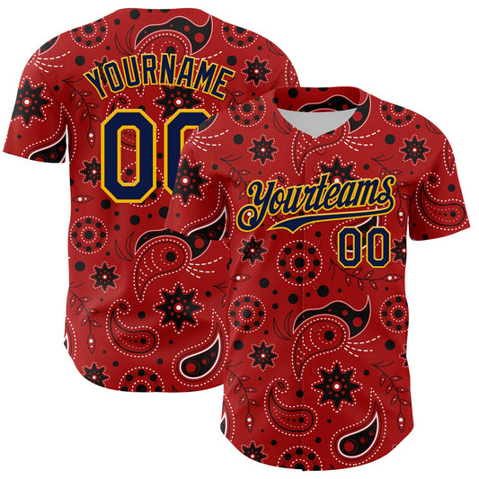 Custom Red Navy-Gold 3D Pattern Design Burner Costumes Paisley Bandana Authentic Baseball Jersey - Sky-Custom
