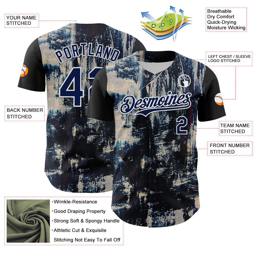 Custom Black Navy-White 3D Pattern Design Burner Costumes Grungy Authentic Baseball Jersey - Sky-Custom