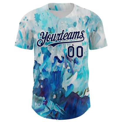 Custom White Navy 3D Pattern Design Burner Costumes Watercolor Paint Authentic Baseball Jersey - Sky-Custom