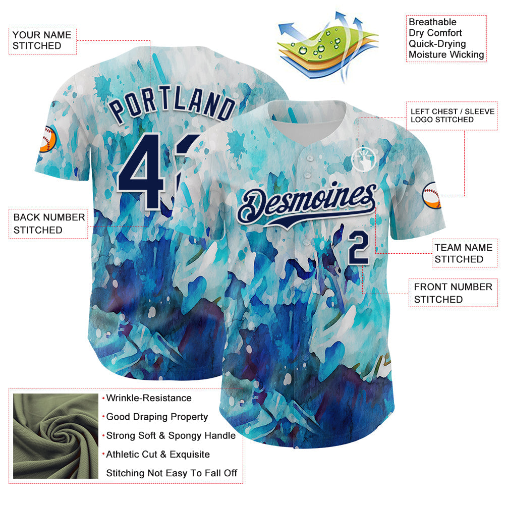 Custom White Navy 3D Pattern Design Burner Costumes Watercolor Paint Authentic Baseball Jersey - Sky-Custom