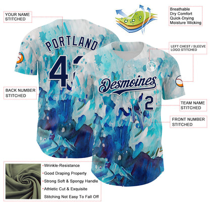 Custom White Navy 3D Pattern Design Burner Costumes Watercolor Paint Authentic Baseball Jersey - Sky-Custom