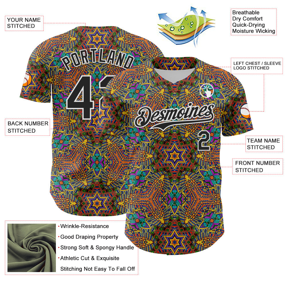 Custom Gold Black-White 3D Pattern Design Burner Costumes Trippy Authentic Baseball Jersey - Sky-Custom