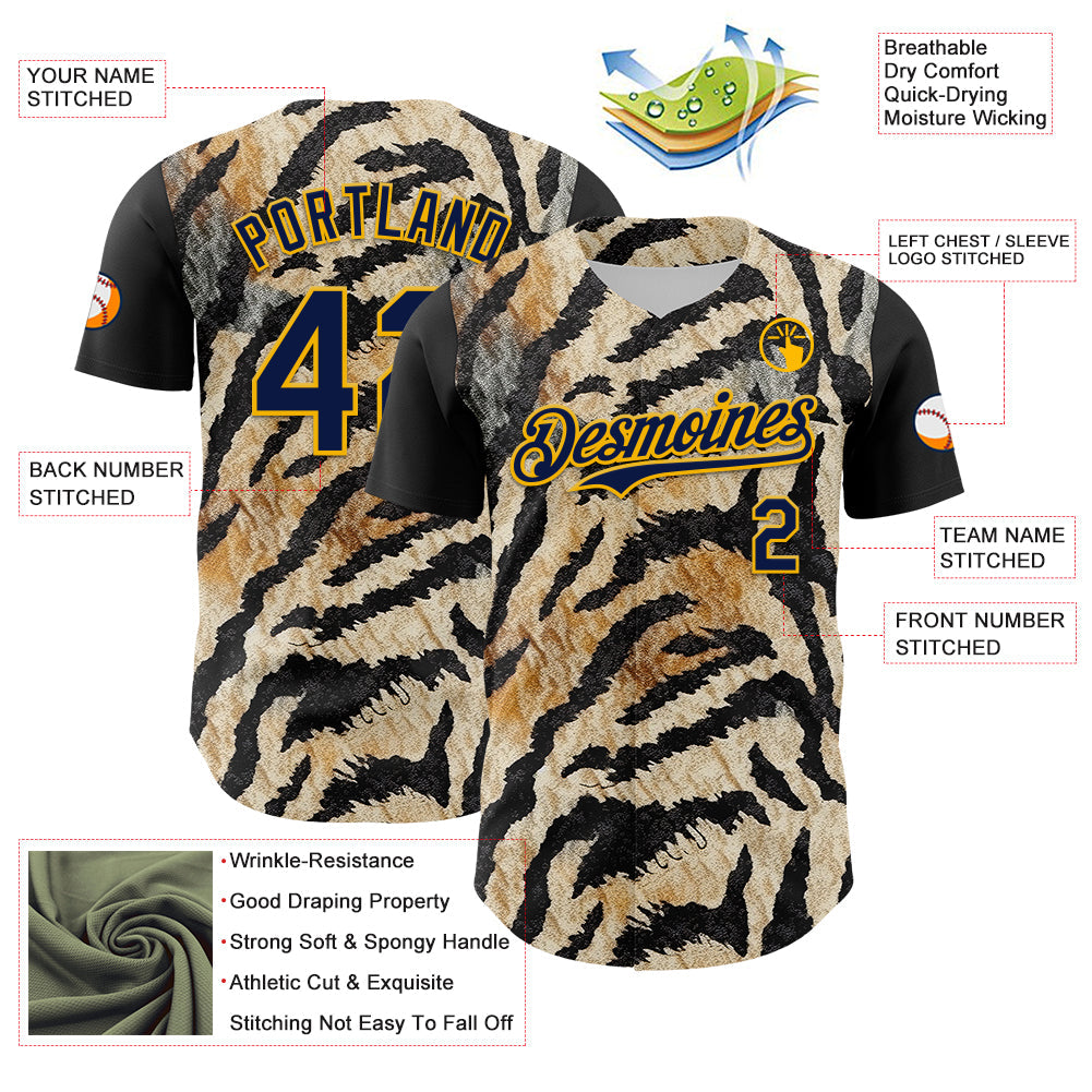 Custom Black Navy-Gold 3D Pattern Design Burner Costumes Tiger Print Authentic Baseball Jersey - Sky-Custom