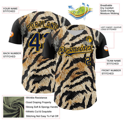 Custom Black Navy-Gold 3D Pattern Design Burner Costumes Tiger Print Authentic Baseball Jersey - Sky-Custom