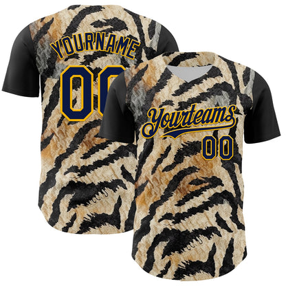Custom Black Navy-Gold 3D Pattern Design Burner Costumes Tiger Print Authentic Baseball Jersey - Sky-Custom