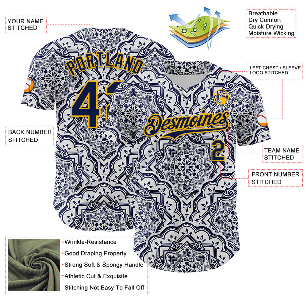 Custom Navy Gold 3D Pattern Design Burner Costumes Damask Authentic Baseball Jersey - Sky-Custom