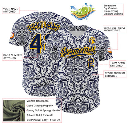 Custom Navy Gold 3D Pattern Design Burner Costumes Damask Authentic Baseball Jersey - Sky-Custom