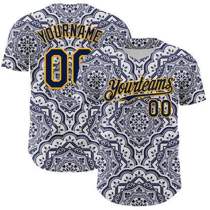 Custom Navy Gold 3D Pattern Design Burner Costumes Damask Authentic Baseball Jersey - Sky-Custom