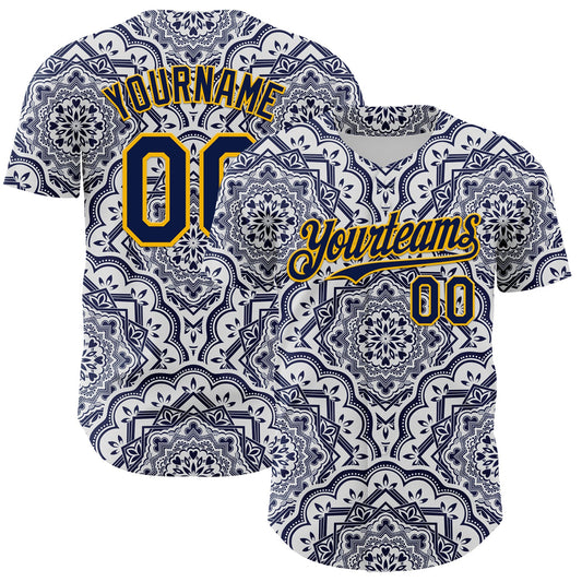 Custom Navy Gold 3D Pattern Design Burner Costumes Damask Authentic Baseball Jersey - Sky-Custom